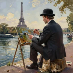 artist Ewan McGregor is painting a painting by the river bank. We can see his back. He is a gentleman and wears a bowler hat, He is an artist, on background there is Eiffel tower, on his feet is lying a brown cat, by d'Édouard Cortès