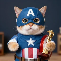 cat wearing captain america costume, award - winning 4 k photography