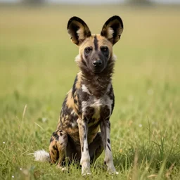 an african wild dog sitting up!, on the african plains, friendly, long grass, sparkling water, glistening, hyper realistic, hyper detailed, digital art, trending in artstation, cinematic lighting, studio quality, smooth render, unreal engine 5 rendered, octane rendered, by paul lehr