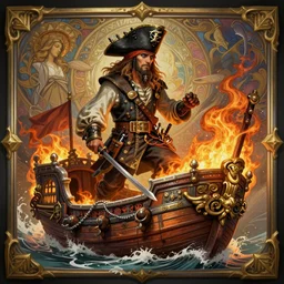 burning pirate ship d & d fantasy intricate elegant highly detailed digital painting artstation concept art matte sharp focus illustration hearthstone art by artgerm art by greg rutkowski art by alphonse mucha