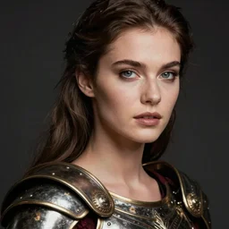 close - up portrait of beautiful model dressed gladiator with metallic armor, art by paul outerbridge