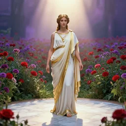 an ancient greek goddess in a white and gold toga stands on a marble floor surrounded by a wide field of red and purple flowers, atmospheric volumetric light