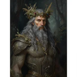 painted portrait of veles slavic god, long gray hair, gray beard, crown made from field weeds and vines, standing in the dark forest, upper body fantasy intricate elegant extremely detailed digital painting trending artstation concept art sharp focus illustration art by alphonse mucha greg rutkowski craig mullins