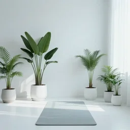 zen minimalist modern white plant room, soft - light, cool, with yoga mat