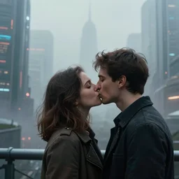 men kissing in front of a foggy view of cyberpunk style future city, a hyper realistic professional photographic view,very beautiful scenery, very realistic painting effect, hd, hdr, cinematic 4k wallpaper, 8k, ultra detailed, high resolution,