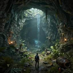 video game about a underground paradise exploration, ultra realistic