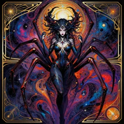 the unholy divine macabre spider goddess of trypophobia and vast expansive cosmic darkness, trending on pixiv, trending on artstation, vibrant, highly detailed fantasy character illustration by jackson pollock and rebecca guay, art deco, art nouveau