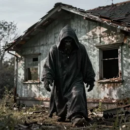 A hooded monster lurking in an abandoned home