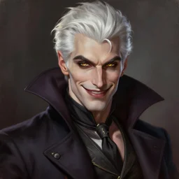 beautiful painting of a smug smiling male vampire by kuvshinov Ilya, handsome face, dark coat, white hair, golden eyes, , trending on artstation, pixiv, 4k, HDR, unreal engine