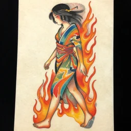 a colorful abstract tattoo of a women walking through flames, japanese, color, amazing detail, award winning, trending on pinterest