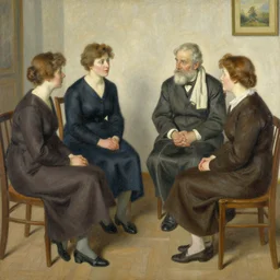 women meeting with old man, art by auguste bourotte