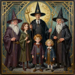 a highly detailed image of a family of wizards caricature surreal art deco style oil paint on canvas
