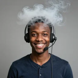 African American, portrait of a smiling telemarketer wearing a headset, hot bank, cloud, fume, smoke, gauze, haze, mist rising from head, Alena Aenami, Petros Afshar, Noah Bradley, Anton Fadeev, Anato Finnstark, Steve Henderson, Filip Hodas, Mark Keathley, Thomas Kinkade, Phil Koch, Gilbert Williams, Mike Winkelmann, Beeple
