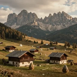 1920s photography of an isolated old village with ghostly wood buildings in the dolomites inhabitated by hay ghosts
