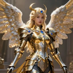 Concept art, angel knight girl in golden and silver armor adorned with sapphire gems, artstation trending, cinematic, highly detailded