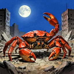 a giant mechanical crab in the middle of a war - torn and crumbling city, blue moon shining in sky, | | soviet realism,, engraving, artstation, concept art, smooth, sharp focus, vivid grunge, manga, illustration, unreal engine 5, 8 k, art by bilibin and kuvshinov and malevich and mucha, traditional japanese colors, superior quality