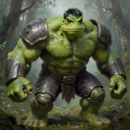 macro medium shot, rugged anthropomorphic muscular!!!!!!!!! oversized!!!!!!!! hulked!!!! frog as oversized green armored barbarian armored hunter wearing war sci - fi armor in deep forest, foggy, oil painting by frazetta by greg rutkowski by frazetta by rembrandt by louie travis by discovery channel