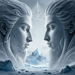 epic masterpiece of confrontation between mountain face gods Antarctica, gift of birth, origin mythos, astounding beauty, cinematic, establishing shot, extremely high detail, photorealistic, cinematic lighting, intricate line drawings, 8k resolution
