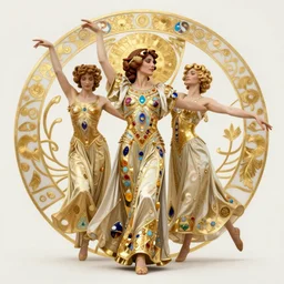 realistic detailed dramatic symmetrical portrait of Samson and Dalida as Salome dancing, wearing an elaborate jeweled gown, by Alphonse Mucha and Gustav Klimt, gilded details, intricate spirals, coiled realistic serpents, Neo-Gothic, gothic, Art Nouveau, ornate medieval religious icon, long dark flowing hair spreading around her
