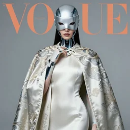 beautiful portrait of the mysterious cybernetic masked figure, vogue cover, vogue poses, beautiful ornamental silk cape, intricate, highly detailed, masterful, fantasy world, sci fi world, in the style of moebius, akira toriyama, jean giraud