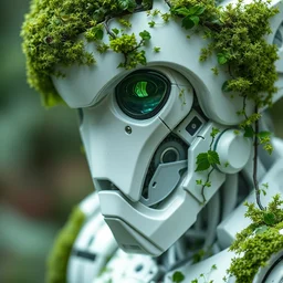 close up sci - fi robot, pure white elegant plastic, covered in green moss and vines, highly detailed, sharp focus. simon stalenhag, greg rutkowski, auguste bourotte, odd nerdrum, maxim verehin, dan dos santos, masterpiece, sharp focus, cinematic lightning.