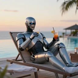 robocop on a sun lounger sipping cocktails by the pool at sunset. soothing, vapouwave, hiroshi nagai style, trending on artstation, 8 k, beautiful, soothing. n - 4