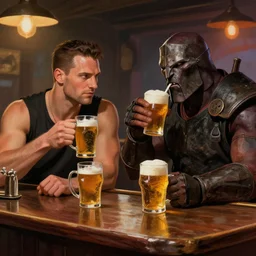 duke nukem and the doom guy drinking beers at a bar reminiscing about old adventures. digital painting