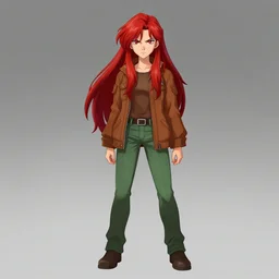 full-body shot of an attractive tomboy girl with long, crimson red hair and red eyes, wearing a brown, open jacket and green jeans with a stern look, concept art, character design, by WLOP, by Ross Draws, by Tomine, by Satoshi Kon, by Rolf Armstrong, by Peter Andrew Jones, Beksinski