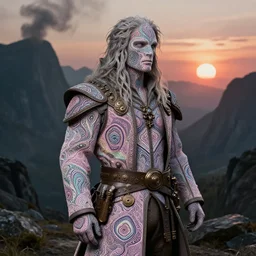 steampunk ent man from lord of the rings, fantasy, high detail, realistic, pastel, complex psychadelic patterns, dark, magical natural mountainous background with setting sun, smoke in sky