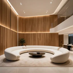 living room designed by zaha hadid with wood paneling, futuristic furniture, led lighting, minimalist interior design, modern architecture, photography
