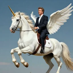 jeff goldblum riding a winged unicorn, art by beeple, hyperrealistic