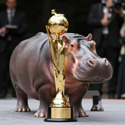 a hippopotamus winning a big golden trophy at an outside awards ceremony. photograph.
