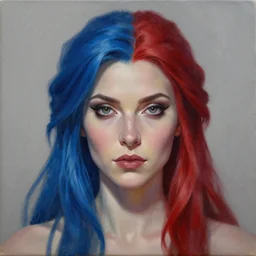 A detailed matte oil on canvas head on symmetrical portrait of a distinguished elven woman with blue and red hair, (((((makeup))))) and ((((eye shadow)))) by Charlie bowater and lise deharme wlop, trending on artstationhd,  dungeons and dragons art, critical role, split hair dye, half and half dye