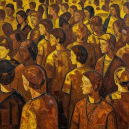 an intricate matte painting of a crowd of people, by simon stalenhag, rust, yellow and black trim, trending on artstation, hdr, 8 k