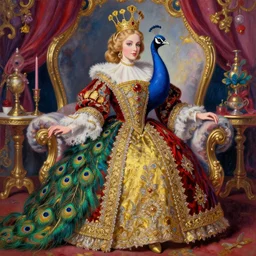 the royal king's peacock by greg hildebrant lisa frank vaporwave fancy rococo baroque regal oil painting high quality award winning clothed in fancy garb