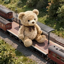 aerial shot of a teddy bear train station, professional photography,