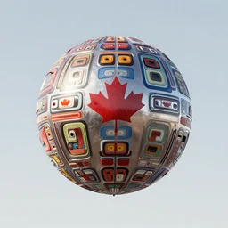 a giant ((((metallic)))) floating sphere covered in canadian colorful aboriginal patterns!! hovering above a Yukon lake, (painted by Ralph McQuarrie), matte painting, very detailed, 12000 Kelvin, concept art