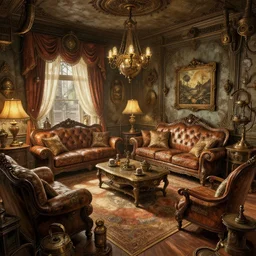 a detailed concept art of a steampunk living room, by moebius, by beeple