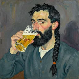 egon schiele moebius art style long black braid beard thick eyebrows black short hair man drinking a pint of beer