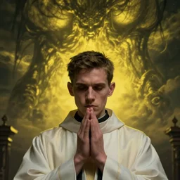 Close up of a young, thin and stern catholic priest in his thirties fervently praying as he is about to die from the ominous terrifying Lovecraftian yellow shadow descending upon him from the night sky. Low angle, dramatic lighting. Award-winning digital art, trending on ArtStation