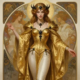 Portrait of a Holy Necromancer, female, beautiful, golden robes, pearl white leggins, exquisite black accessories, golden corset, highly detailed, smooth, sharp focus, digital painting, illustration, fantasy, by Krenz Cushart and Artem Demura and alphonse mucha