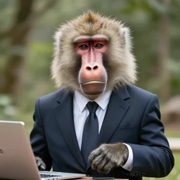 baboon wearing a suit and tie, ready for a meeting