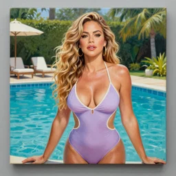 a stunning ultra realistic fine art painting of Sofia Vergara by a pool, by tom bagshaw, studio portrait, vibrant colors, 4K