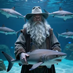 Gandalf wearing a hat in an aquarium surrounded by swimming sharks, unreal engine, octane render, ray tracing