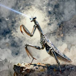 concept art of a religious mantis in robot, pinterest, artstation trending, behance, watercolor, by coby whitmore, silver, laser light,