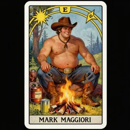 ethereal dramatic tarot card painting of a shirtless handsome smirking cowboy with a chunky beefy build and belly | sitting | background is a serene campfire | tin cans and jugs of whisky | tarot card, art deco, art nouveau | by Mark Maggiori | trending on artstation