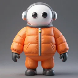still figurine of a tall giant inflated space man action figure wearing over sized orange puffy bomber jacket, googly eyes, small head, personification, dynamic pose, detailed product photo, tone mapped, beautiful composition, 8 5 mm, f 5. 8, soft lighting