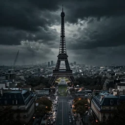 paris city during apocalypse, volumetric light, scenic view, profound dark scary