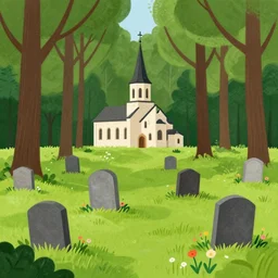graveyard with a small monastery in the middle of a forest with flower meadow, finger painted