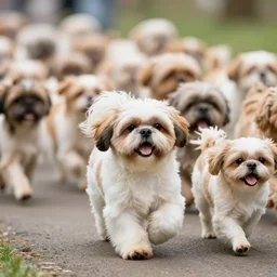 shi tzu leading an army of dogs